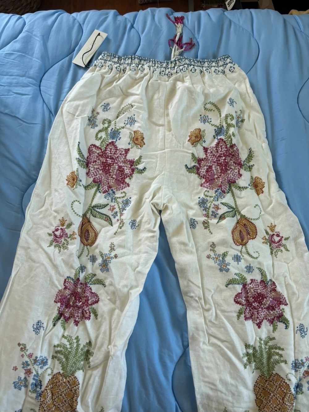 Rachel Zoe Cream Wide-Leg Embroidered Linen Pants - Picture 5 of 9